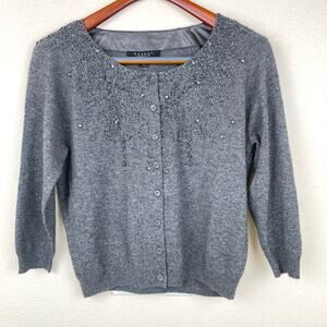 Women's Cardigan Sz 4 Silk Wool Cashmere Embellished Fairy Cottage Coquette Gray
